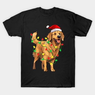 Golden Retriever Christmas Santa Hat Tree Lights Pajama T-Shirt